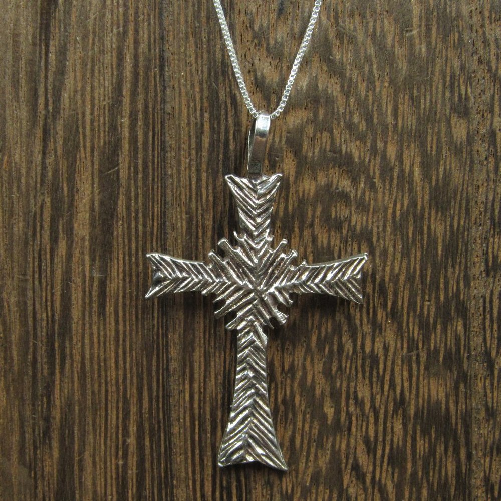 18" Sterling Silver Textured Cross Rustic Necklace